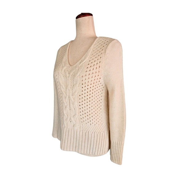 The Kooples Sport‎ Ivory Alpaca Wool Blend Cable Knit V-Neck Sweater Size Small - Picture 4 of 10